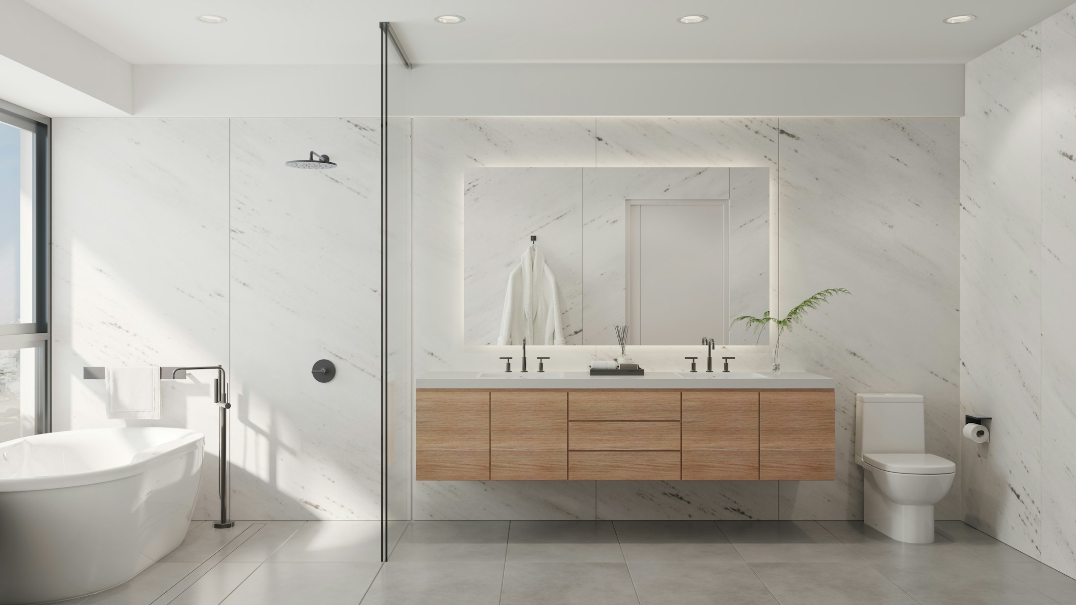 Modern residential bathroom with a vanity and shower