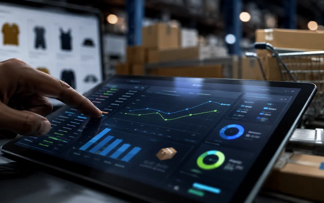 Inventory analytics dashboard on a tablet in a warehouse with ecommerce products and shipping boxes