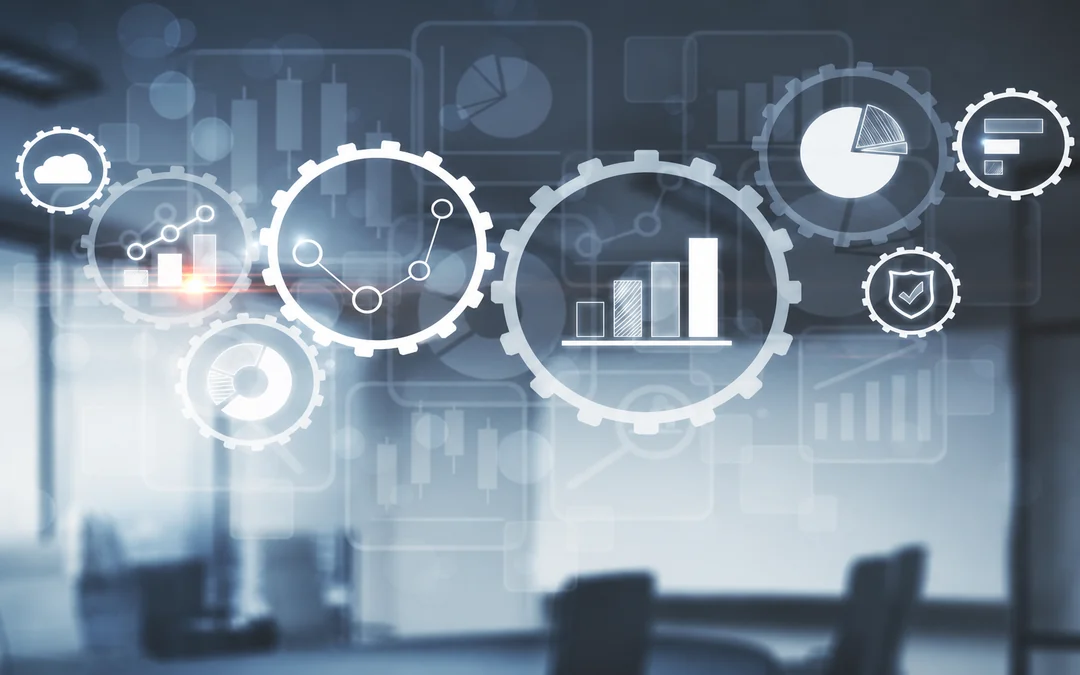 Connected cogwheels, charts, and business interface icons representing managed data synchronization