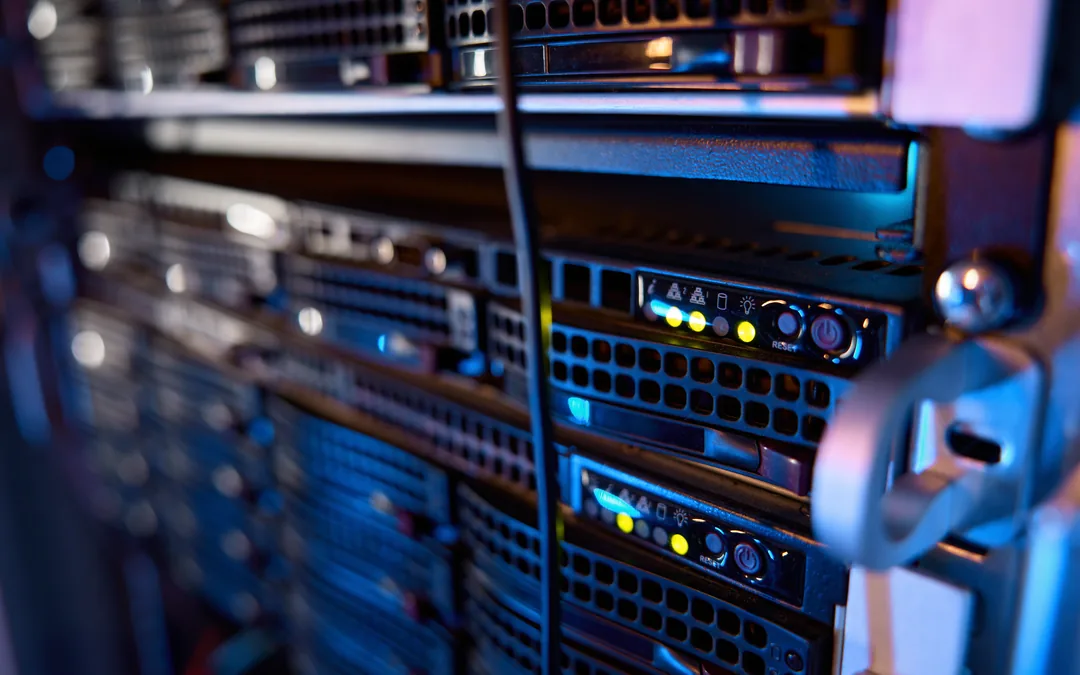 Rack-mounted servers with their status lights on