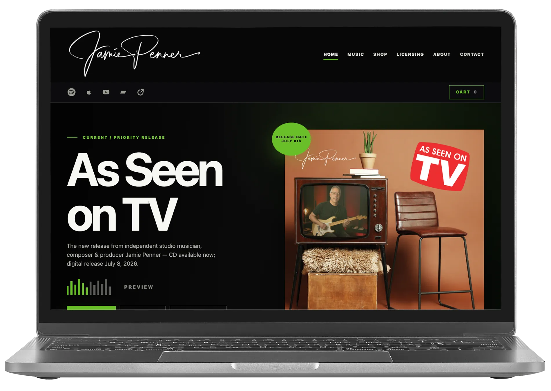 Jamie Penner Music website mockup shown on a laptop