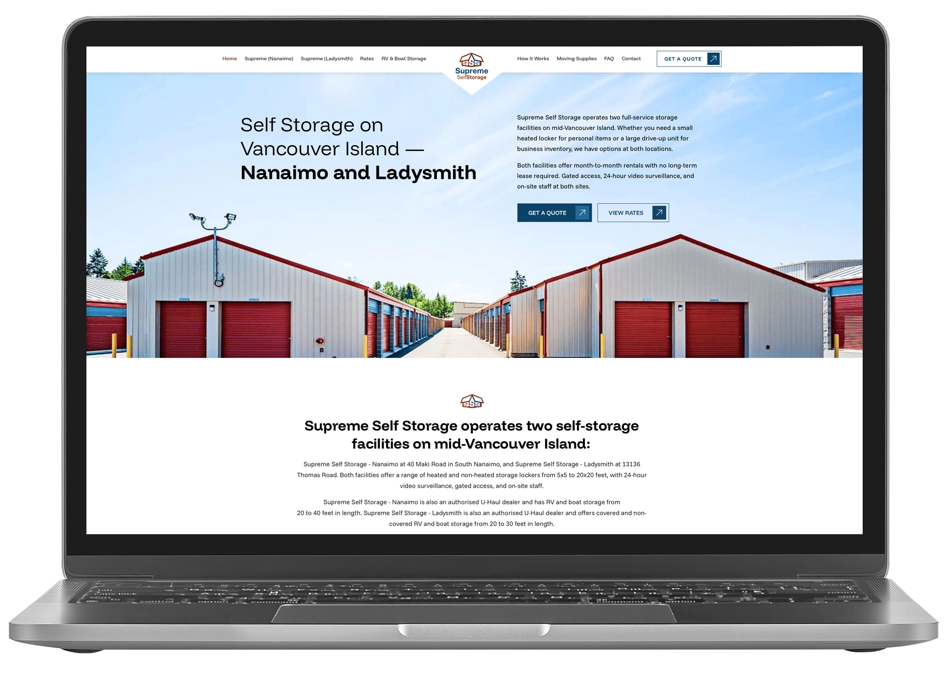 Supreme Self Storage website shown on a laptop