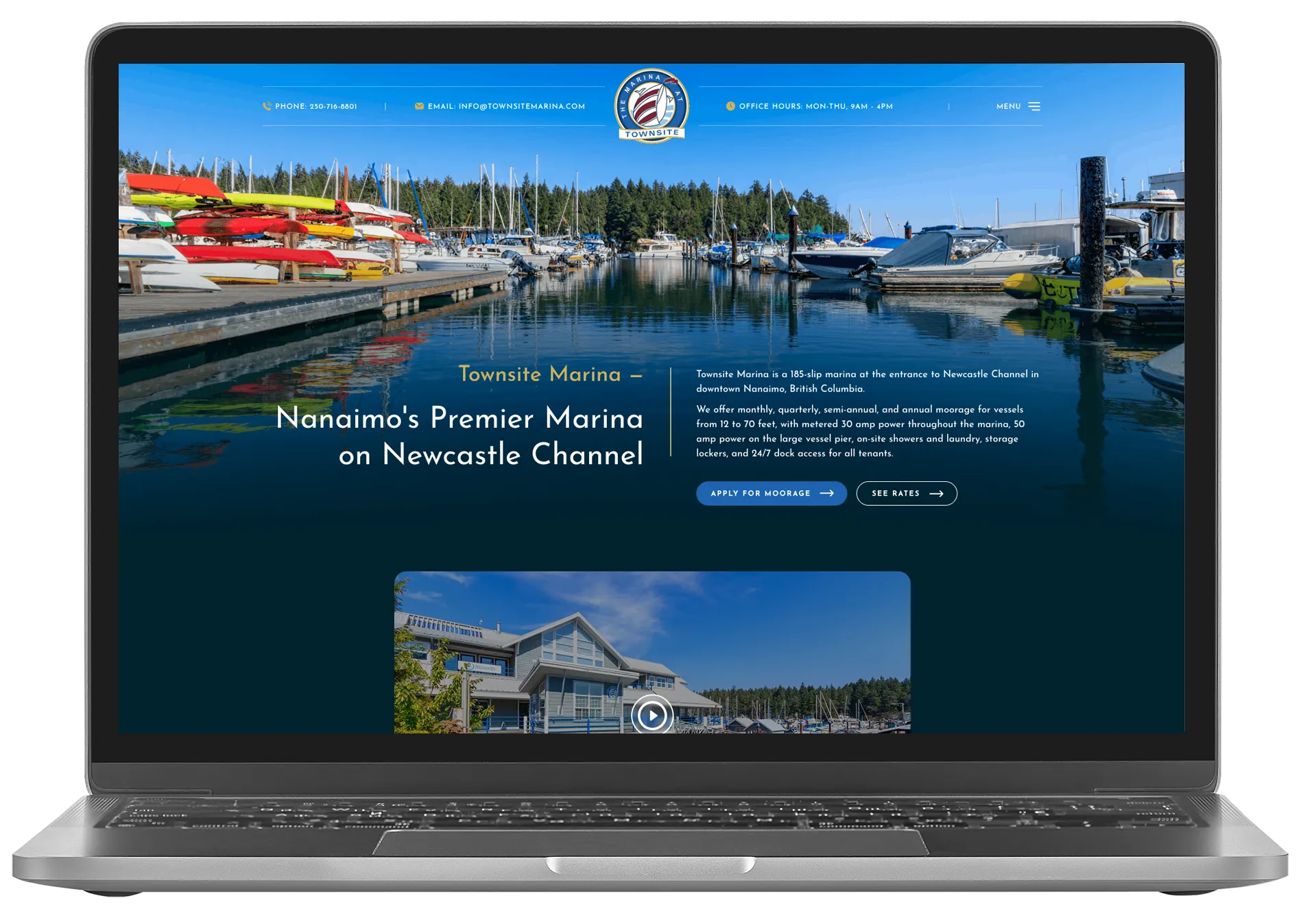 Townsite Marina website mockup shown on a laptop