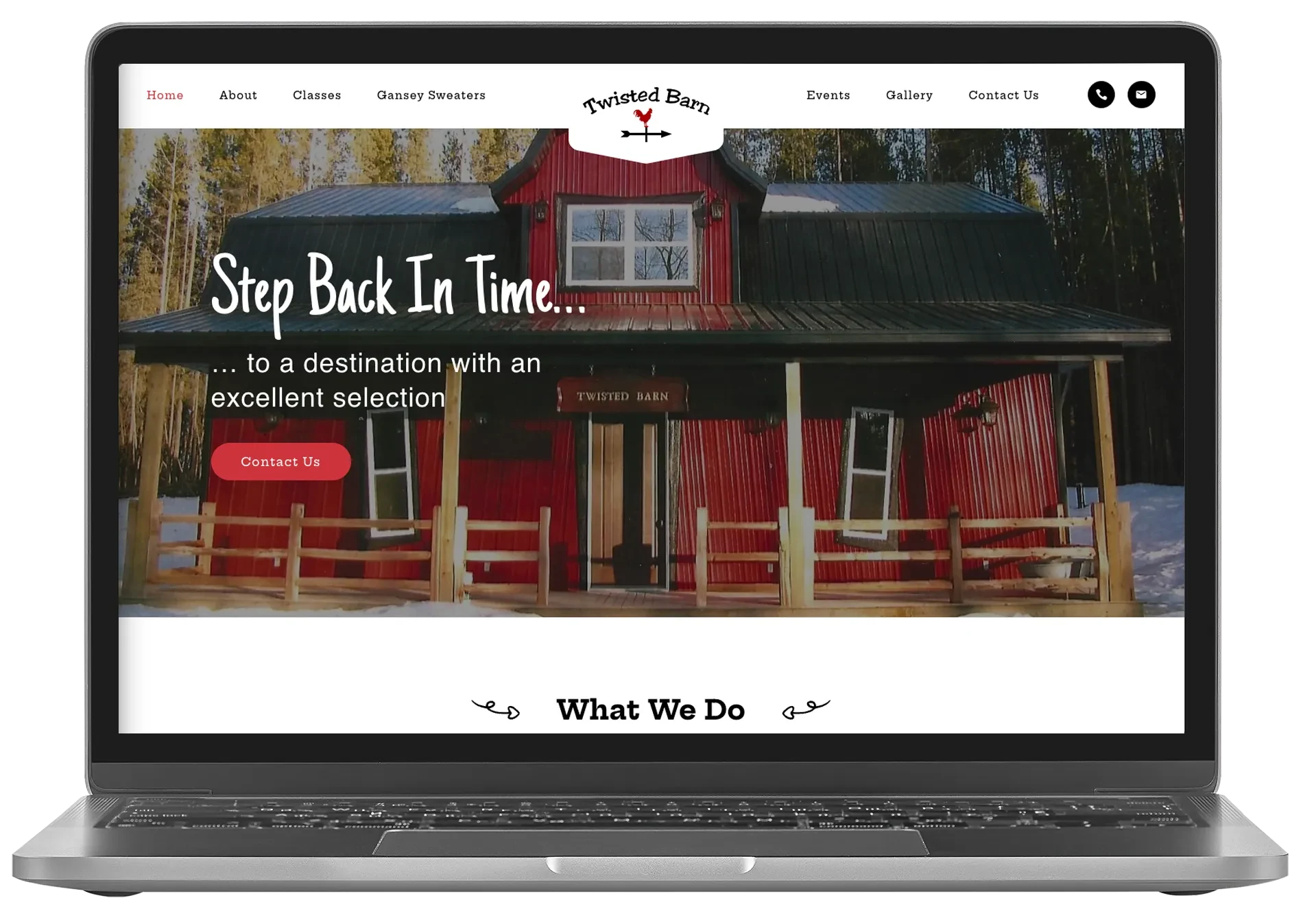 Twisted Barn website shown on a laptop, featuring the rural red barn storefront